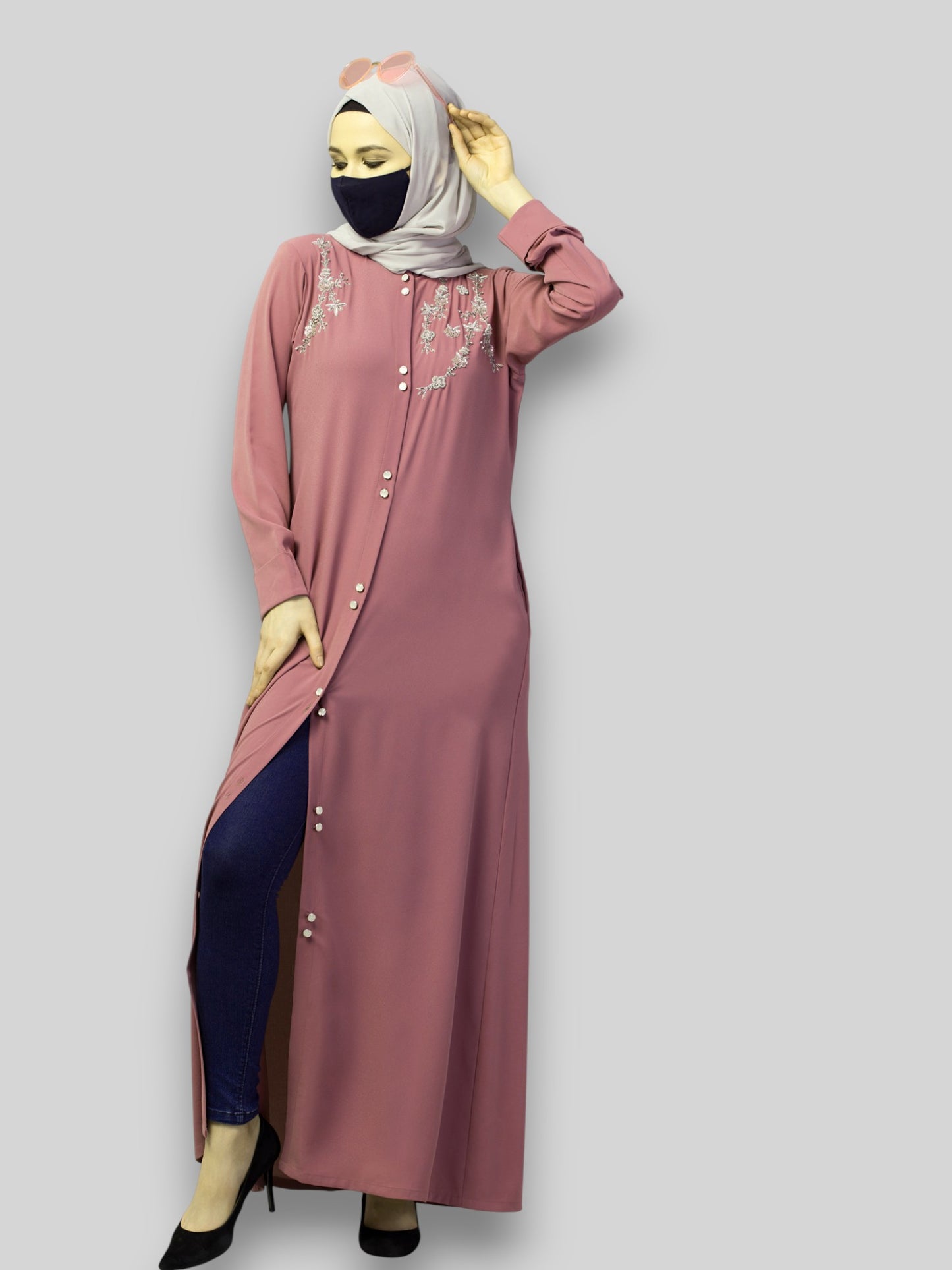 Pink Abaya For Wedding – Puce Pink Front Open with Handwork