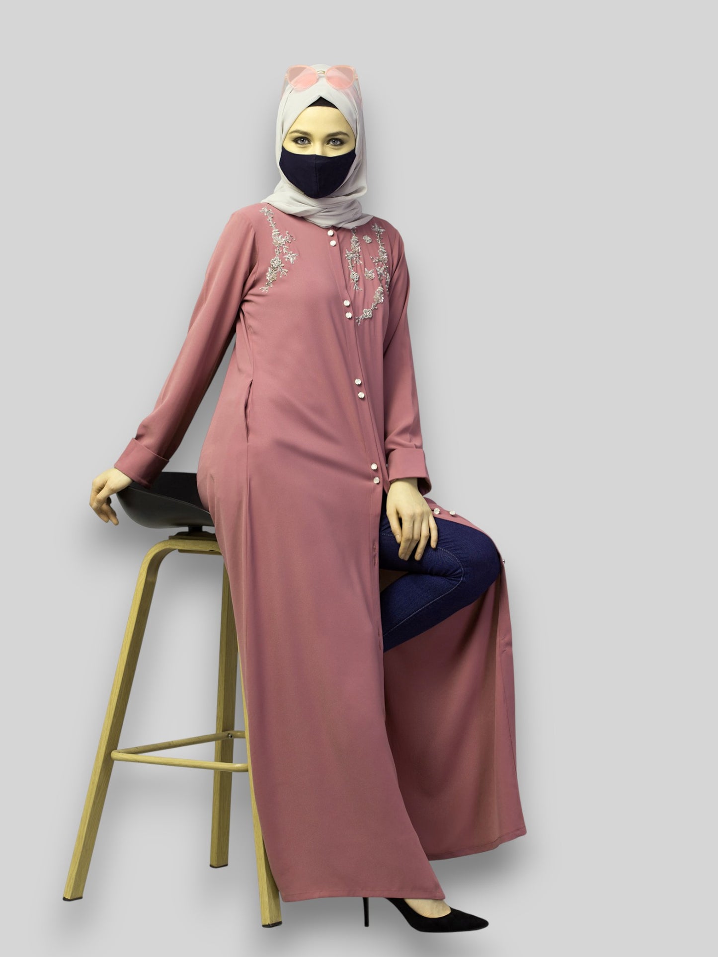 Pink Abaya For Wedding – Puce Pink Front Open with Handwork