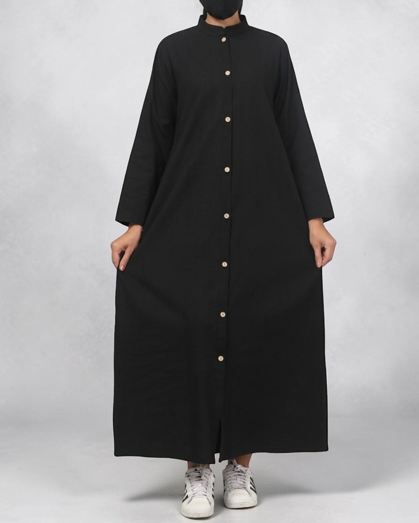 Solid Black Cotton Front-Open Abaya Shirt with Mandarin Collar