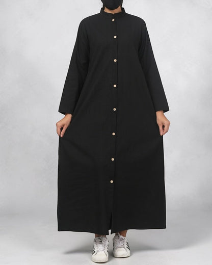 Solid Black Cotton Front-Open Abaya Shirt with Mandarin Collar