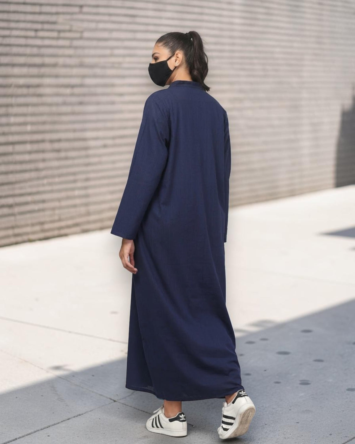 Navy Blue Cotton Front-Open Abaya Shirt with Mandarin Collar