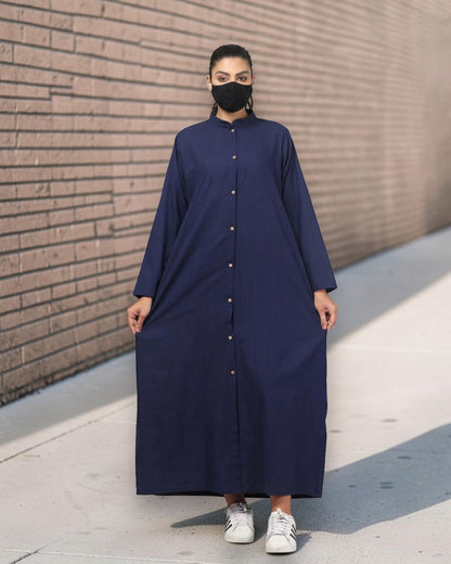 Navy Blue Cotton Front-Open Abaya Shirt with Mandarin Collar