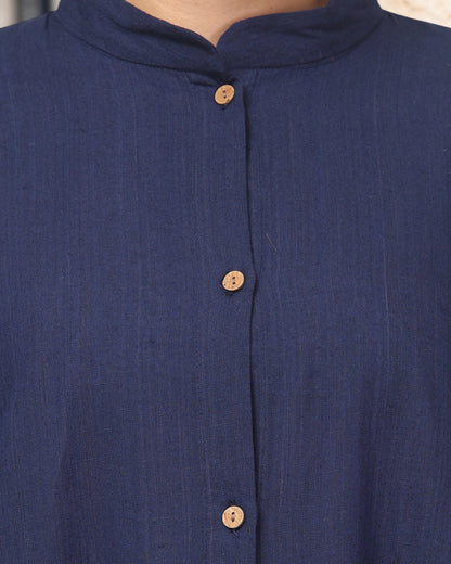 Navy Blue Cotton Front-Open Abaya Shirt with Mandarin Collar