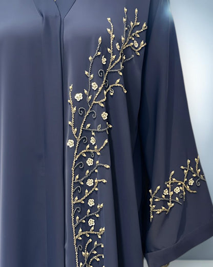 Navy Blue Praada Front-Open Embroidered Abaya with Asymmetrical Handwork