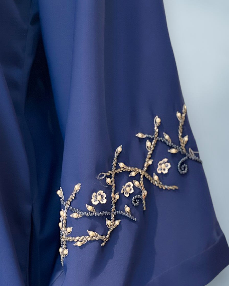 Navy Blue Praada Front-Open Embroidered Abaya with Asymmetrical Handwork