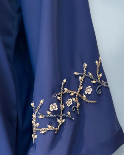 Navy Blue Praada Front-Open Embroidered Abaya with Asymmetrical Handwork