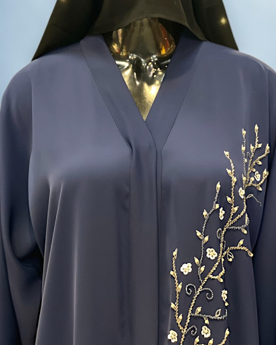Navy Blue Praada Front-Open Embroidered Abaya with Asymmetrical Handwork