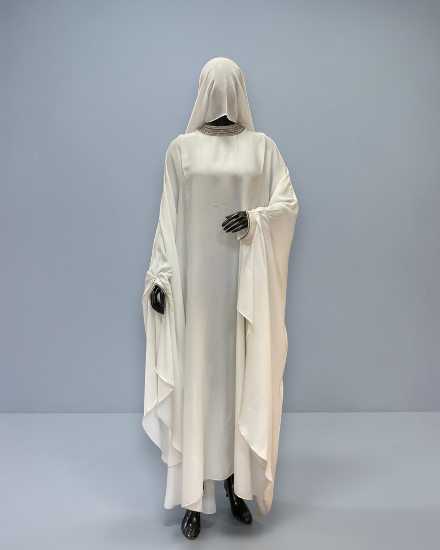 White Armani Satin Occasion Abaya with Handwork Embellishments