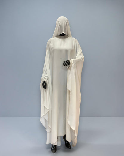 White Armani Satin Occasion Abaya with Handwork Embellishments