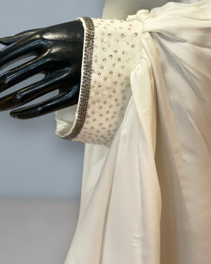 White Armani Satin Occasion Abaya with Handwork Embellishments