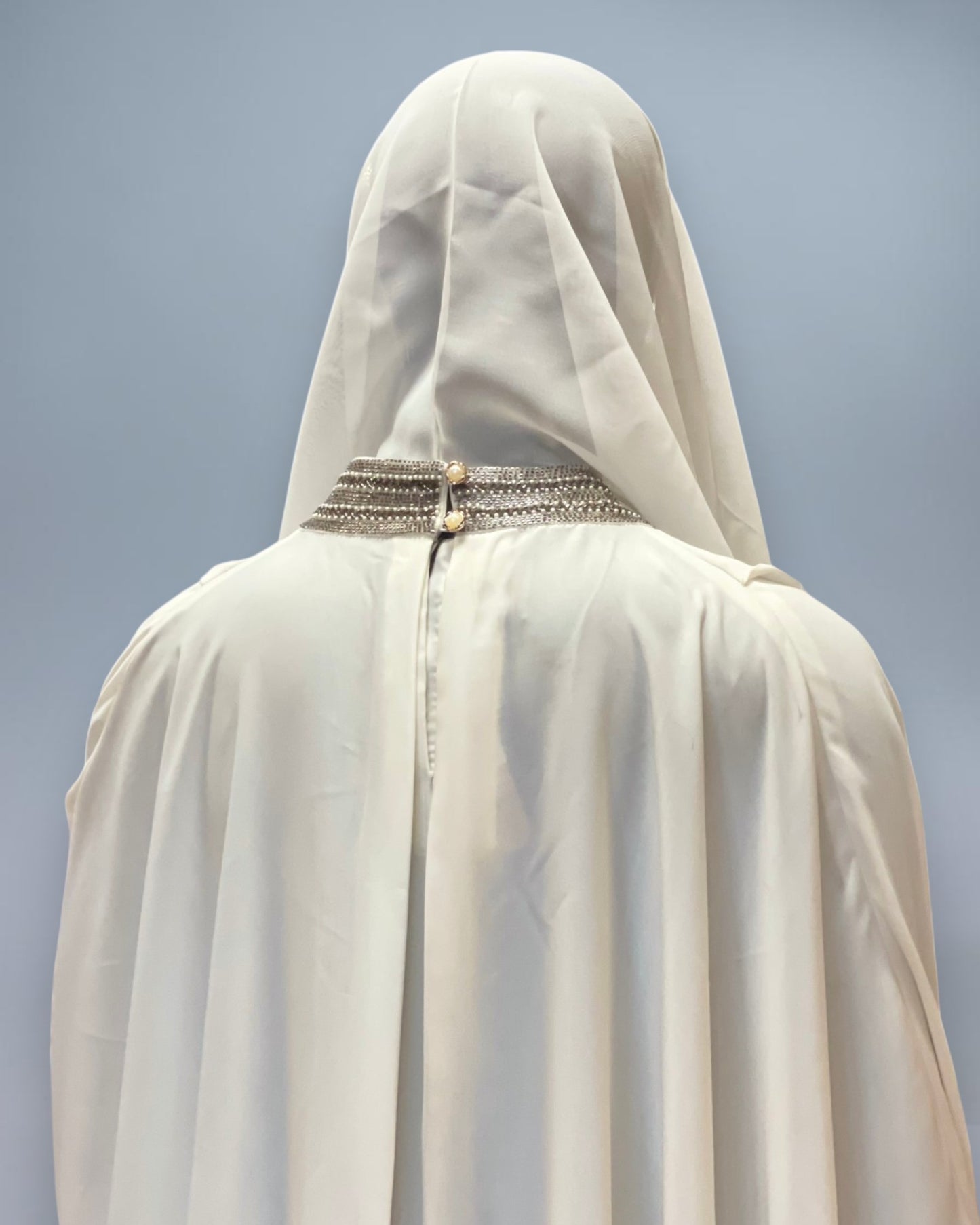 White Armani Satin Occasion Abaya with Handwork Embellishments