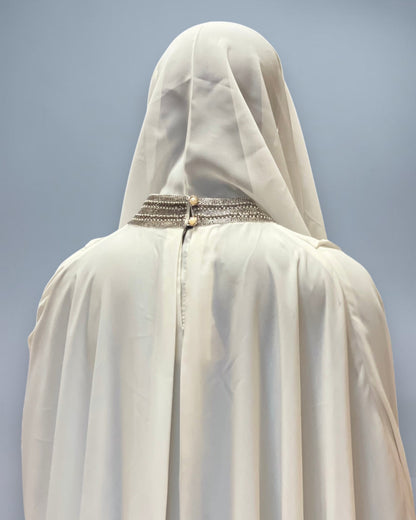 White Armani Satin Occasion Abaya with Handwork Embellishments