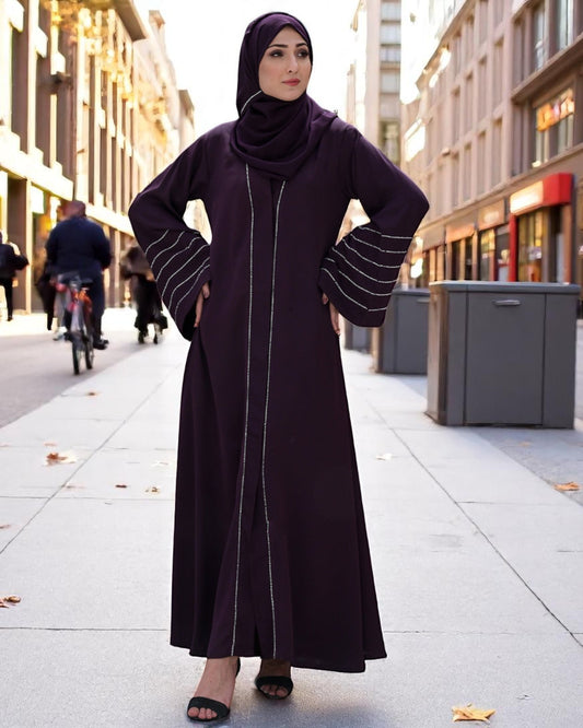 Front Open Praada Abaya with Stone Work & Black Stole Hijab