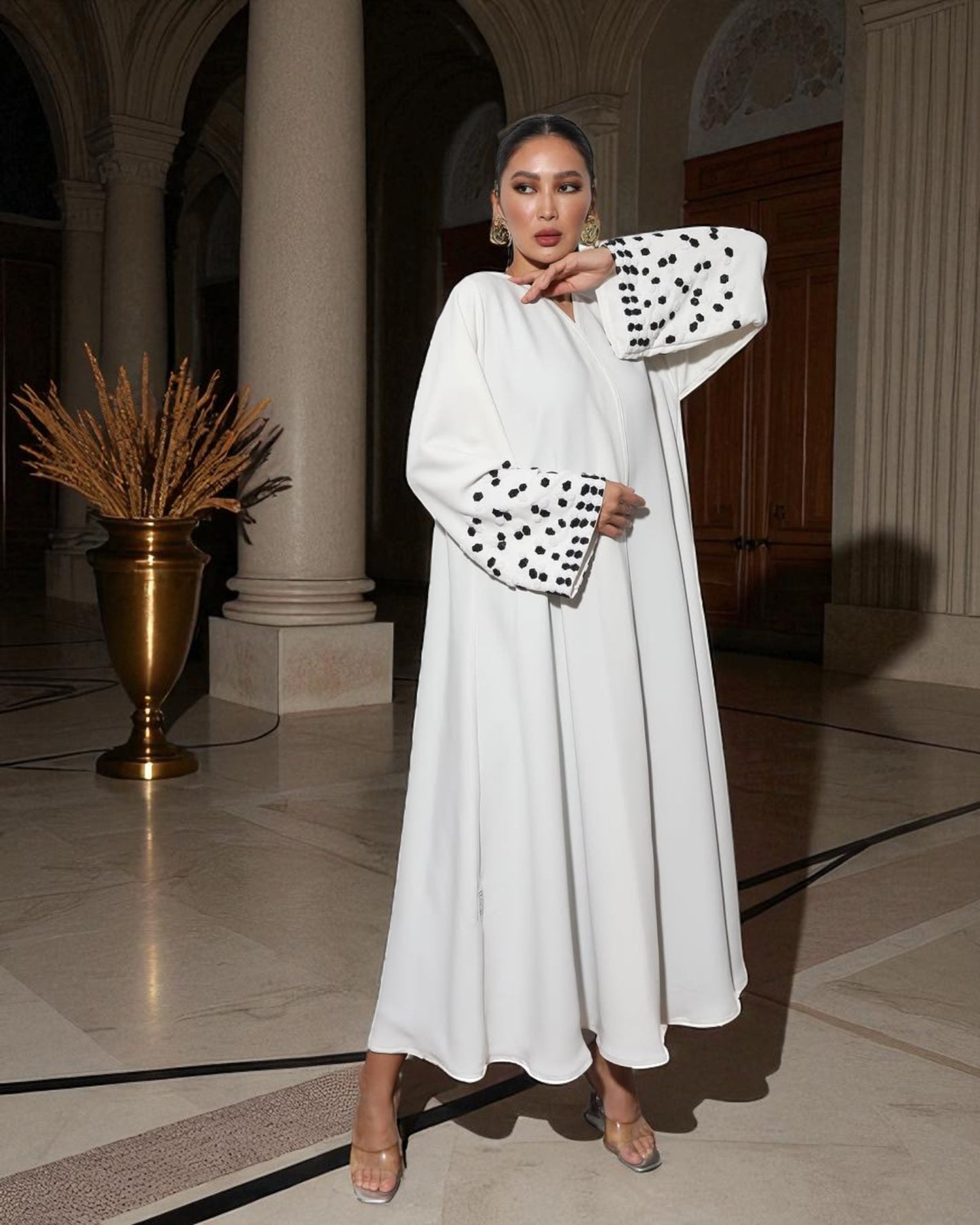 Dubai Abaya Design in White Prada with Black Embellished Sleeves