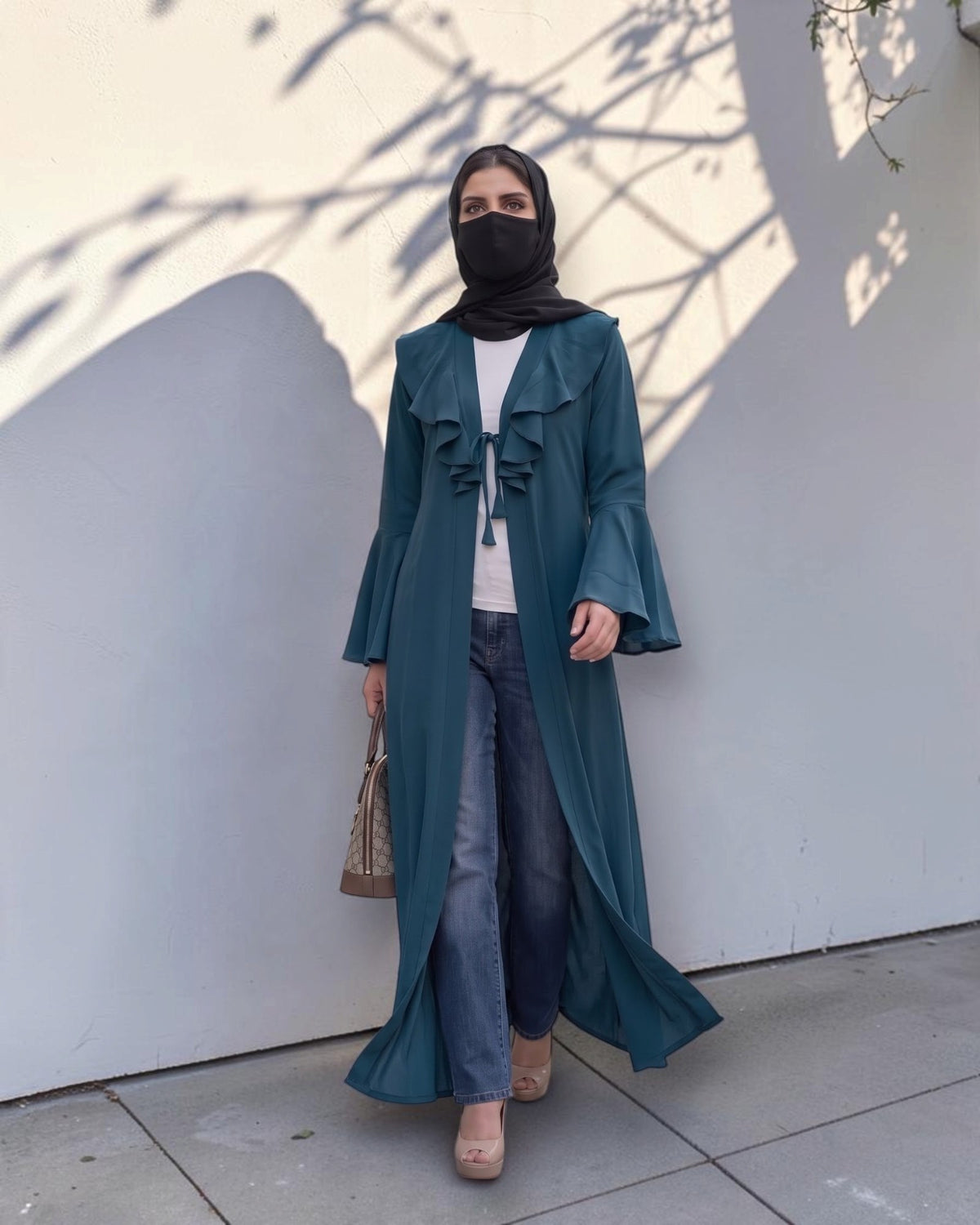 Designer Long Abaya Shrug with Cascading Yoke Detail
