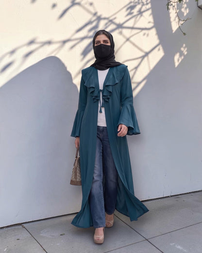 Designer Long Abaya Shrug with Cascading Yoke Detail