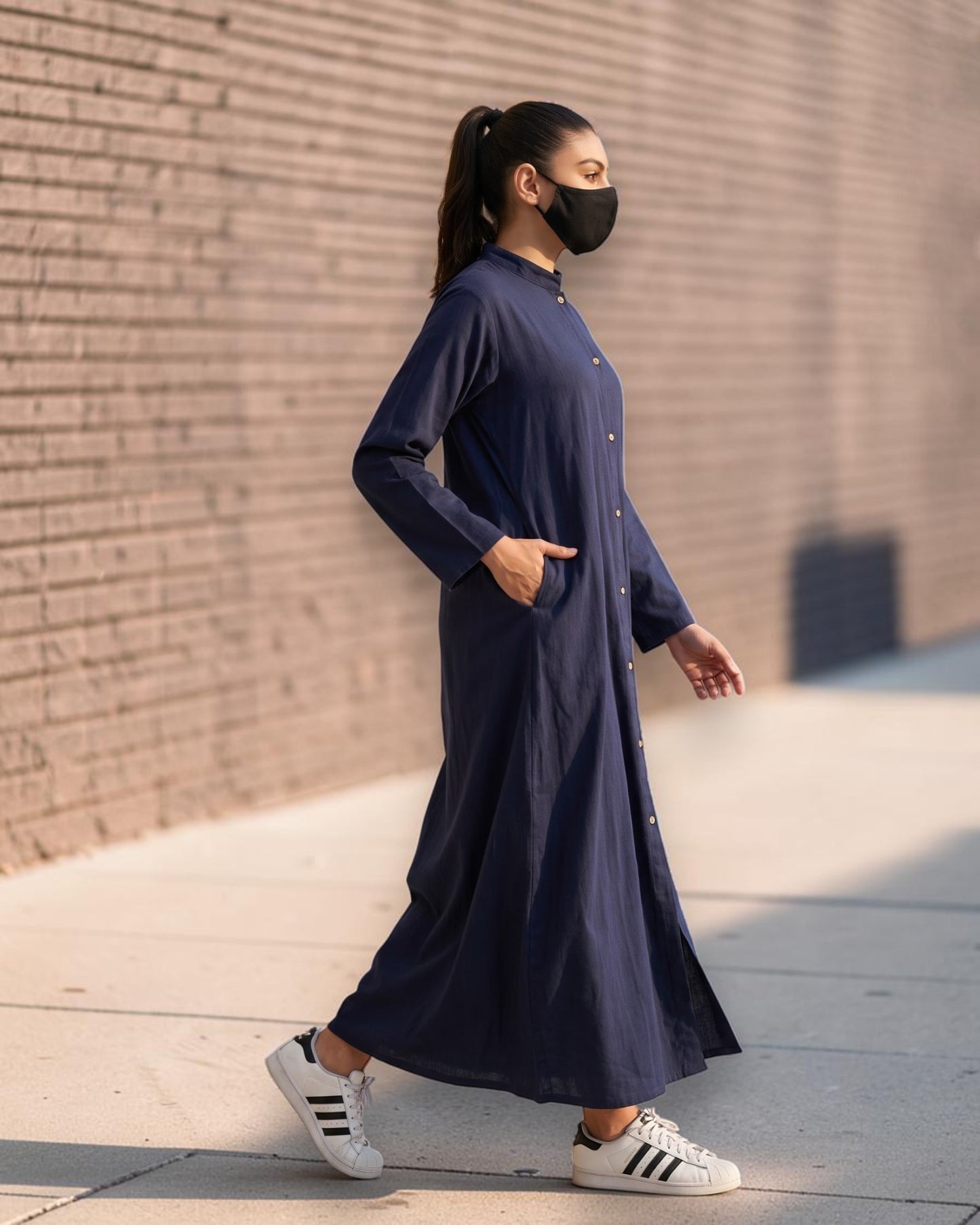 Navy Blue Cotton Front-Open Abaya Shirt with Mandarin Collar