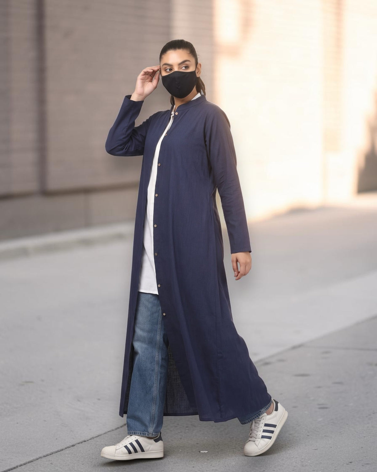 Navy Blue Cotton Front-Open Abaya Shirt with Mandarin Collar