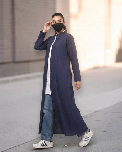Navy Blue Cotton Front-Open Abaya Shirt with Mandarin Collar