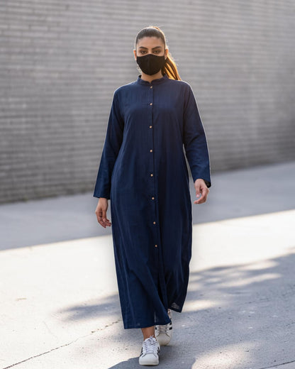 Navy Blue Cotton Front-Open Abaya Shirt with Mandarin Collar