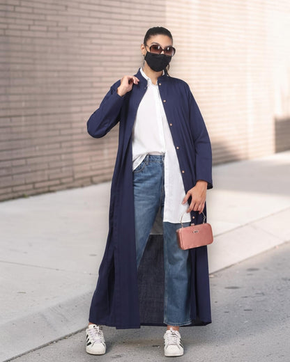 Navy Blue Cotton Front-Open Abaya Shirt with Mandarin Collar