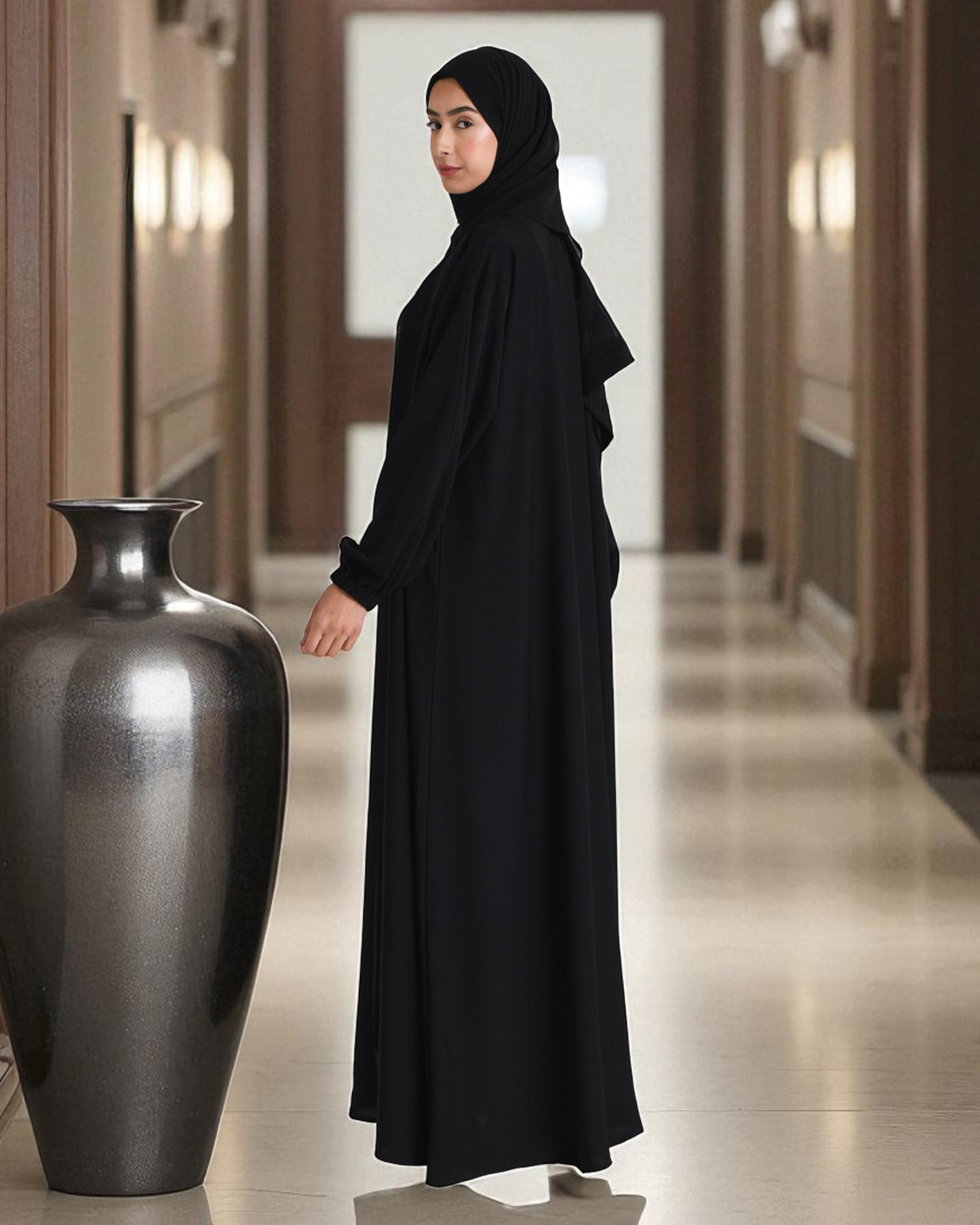 Elegant Black Firdaus Fabric Abaya Set Ð Latest Burqa with Sleeveless Inner & Hijab