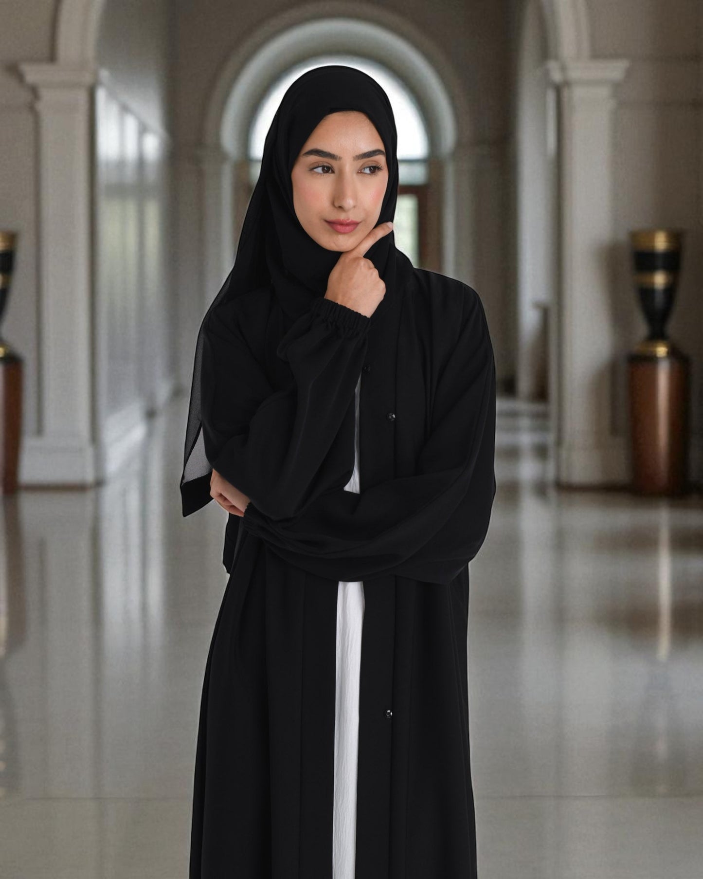 Elegant Black Firdaus Fabric Abaya Set Ð Latest Burqa with Sleeveless Inner & Hijab