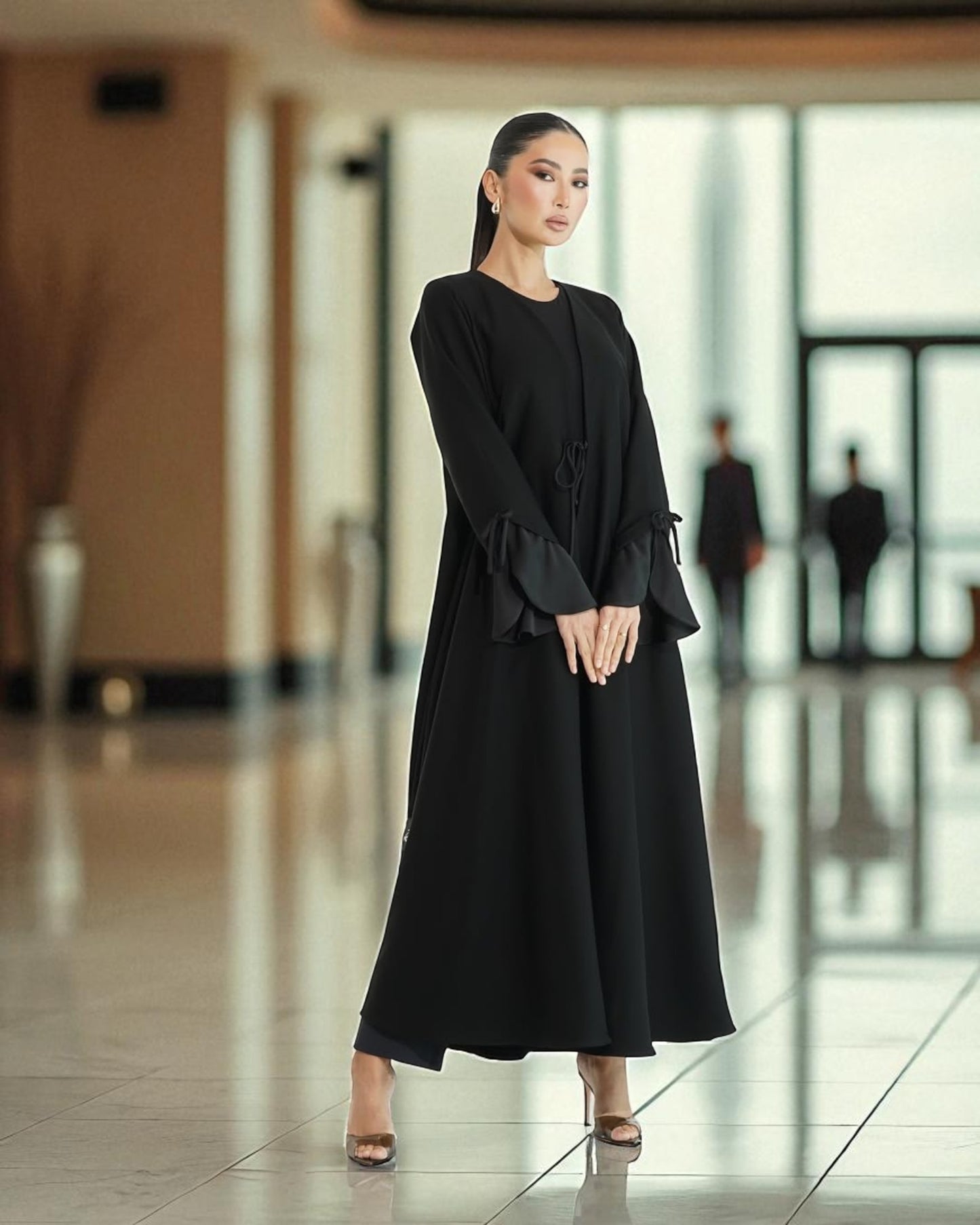 Elegant Flowing Black Abaya Online with Statement Flounce Cuff Sleeves
