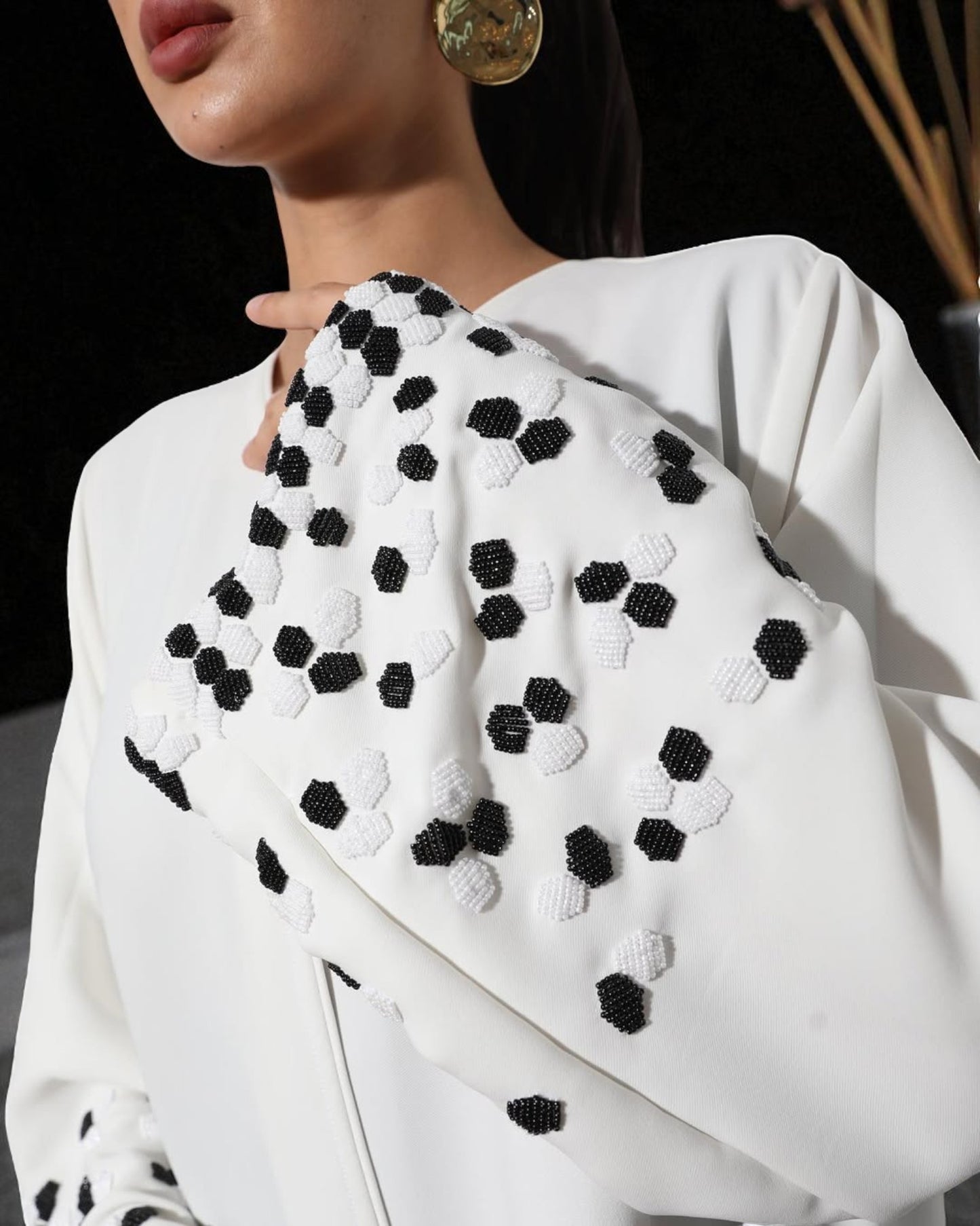 Dubai Abaya Design in White Prada with Black Embellished Sleeves
