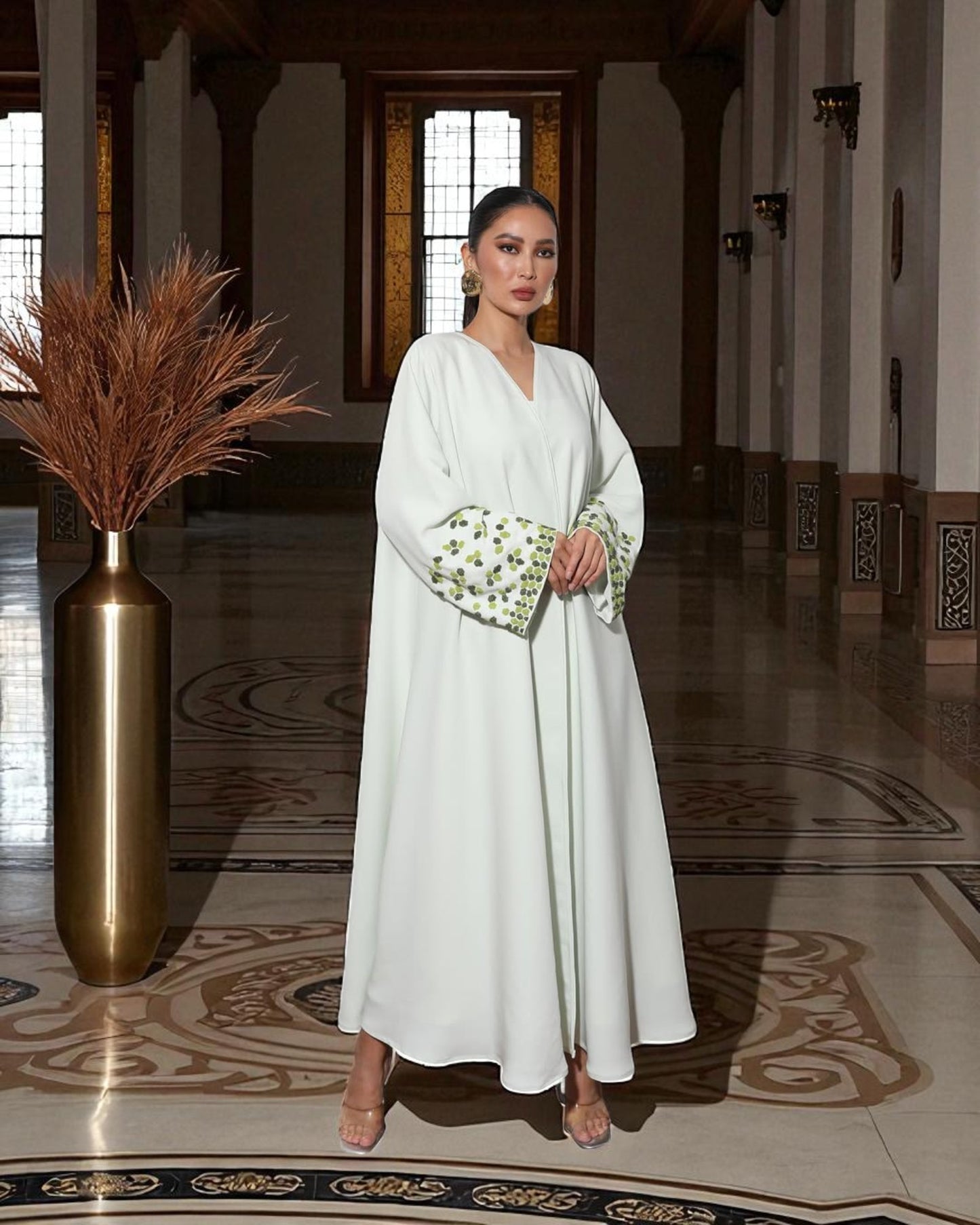Graceful White 3-Piece Set with Handworked Sleeves in Premium Abayas