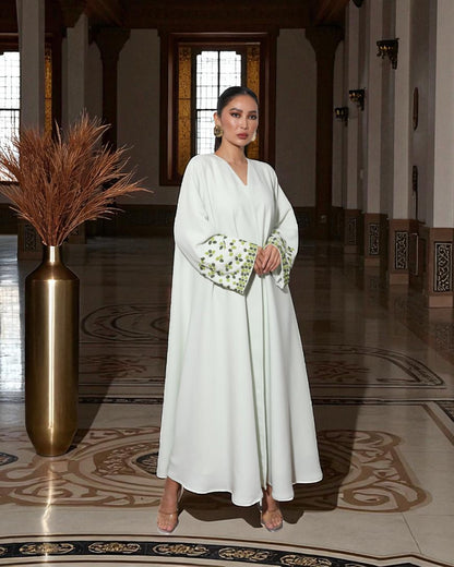 Graceful White 3-Piece Set with Handworked Sleeves in Premium Abayas
