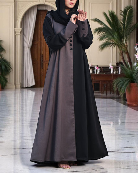 Designer Dual Color Abaya with Long Cuffs, Fabric Buttons & Hijab – Elegant Modest Fashion