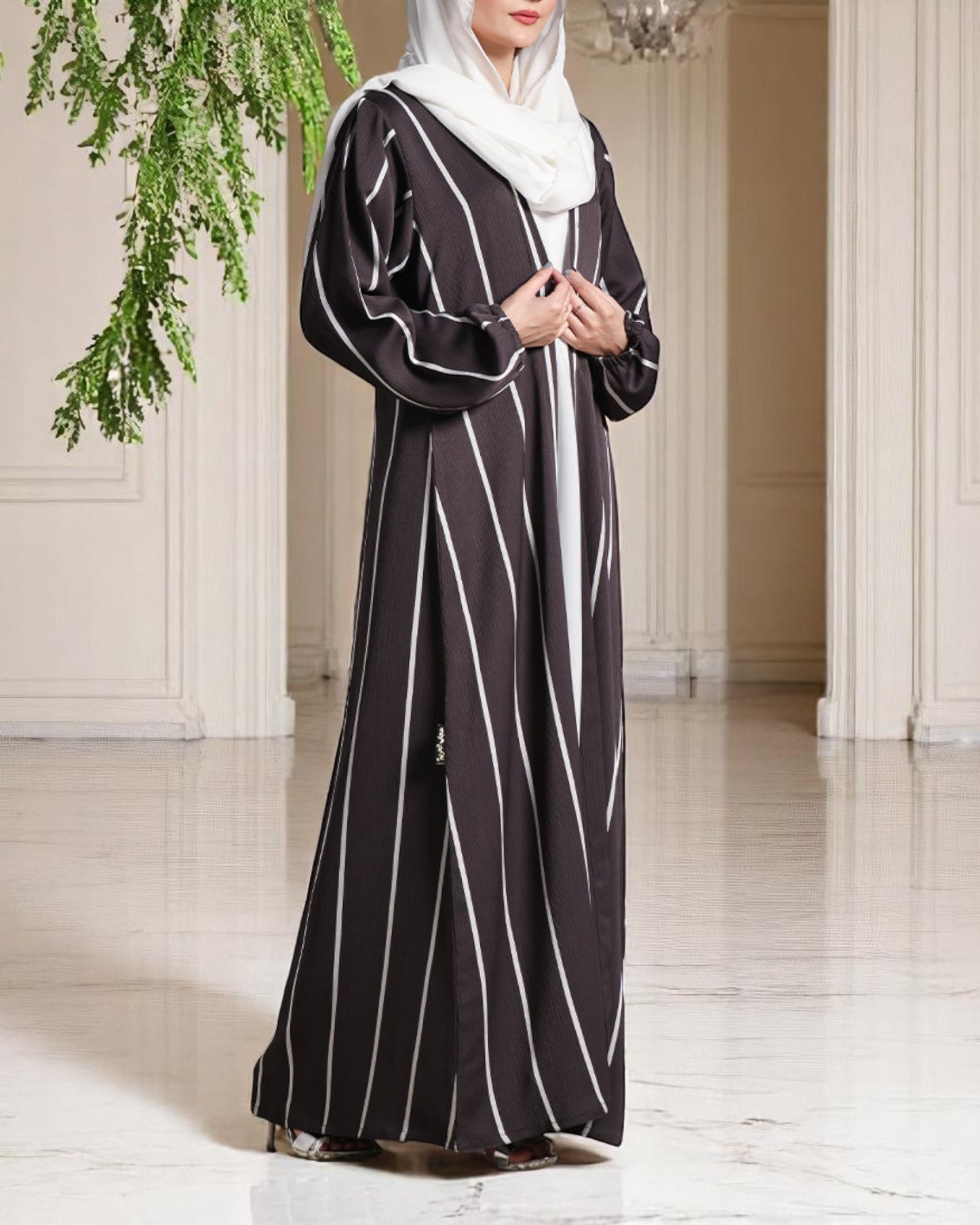 Three Piece Abaya Set with Nida Satin Inner, Poly Silk Open Abaya & White Hijab – Elegant Modest Wear