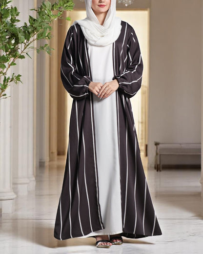 Three Piece Abaya Set with Nida Satin Inner, Poly Silk Open Abaya & White Hijab – Elegant Modest Wear