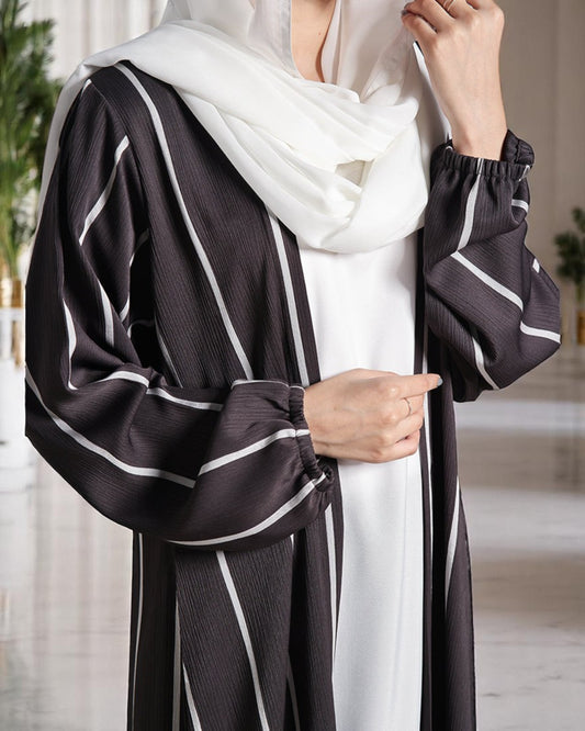 Three Piece Abaya Set with Nida Satin Inner, Poly Silk Open Abaya & White Hijab – Elegant Modest Wear