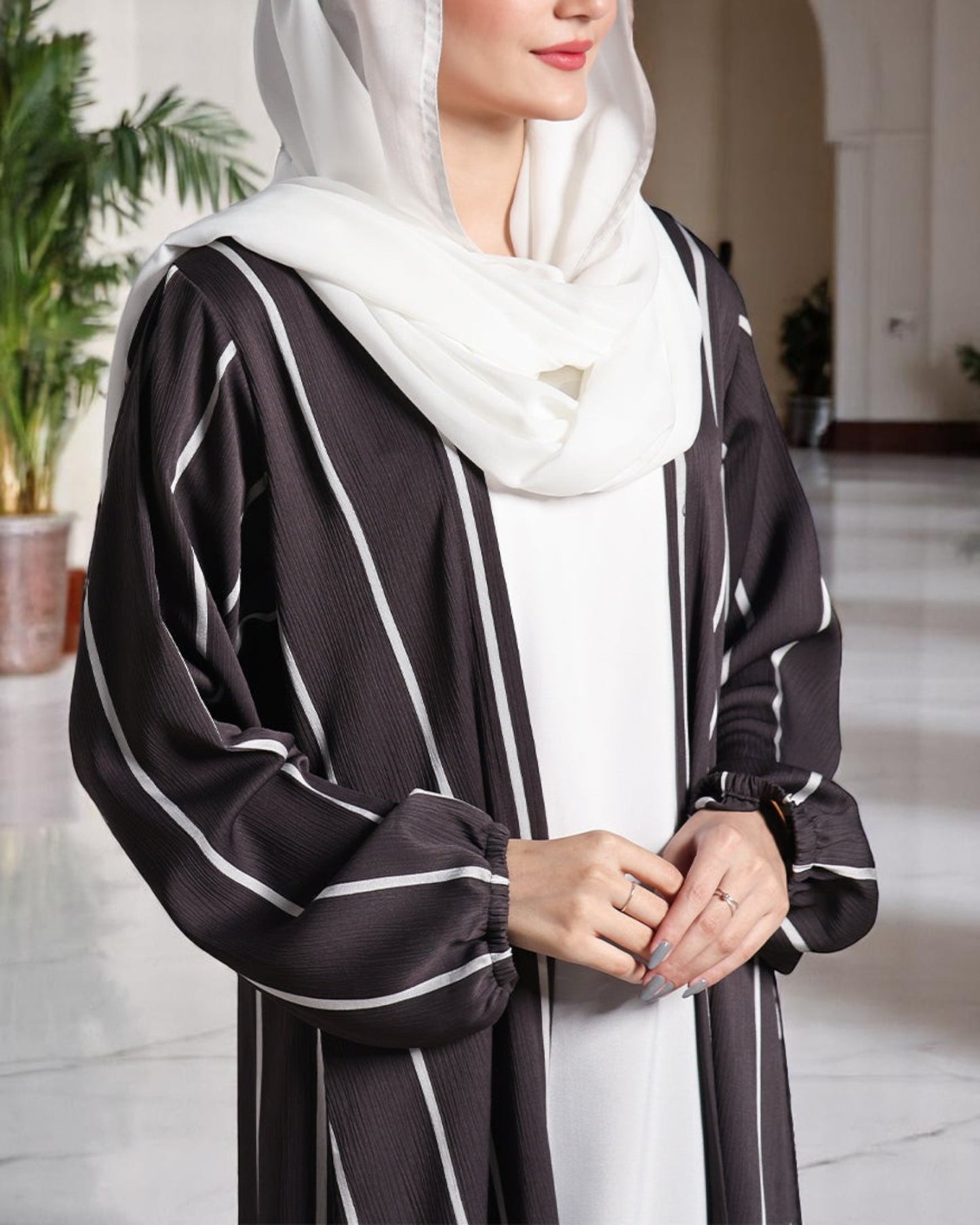 Three Piece Abaya Set with Nida Satin Inner, Poly Silk Open Abaya & White Hijab – Elegant Modest Wear