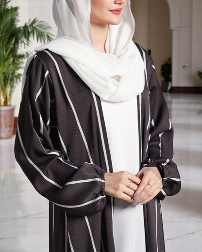 Three Piece Abaya Set with Nida Satin Inner, Poly Silk Open Abaya & White Hijab – Elegant Modest Wear