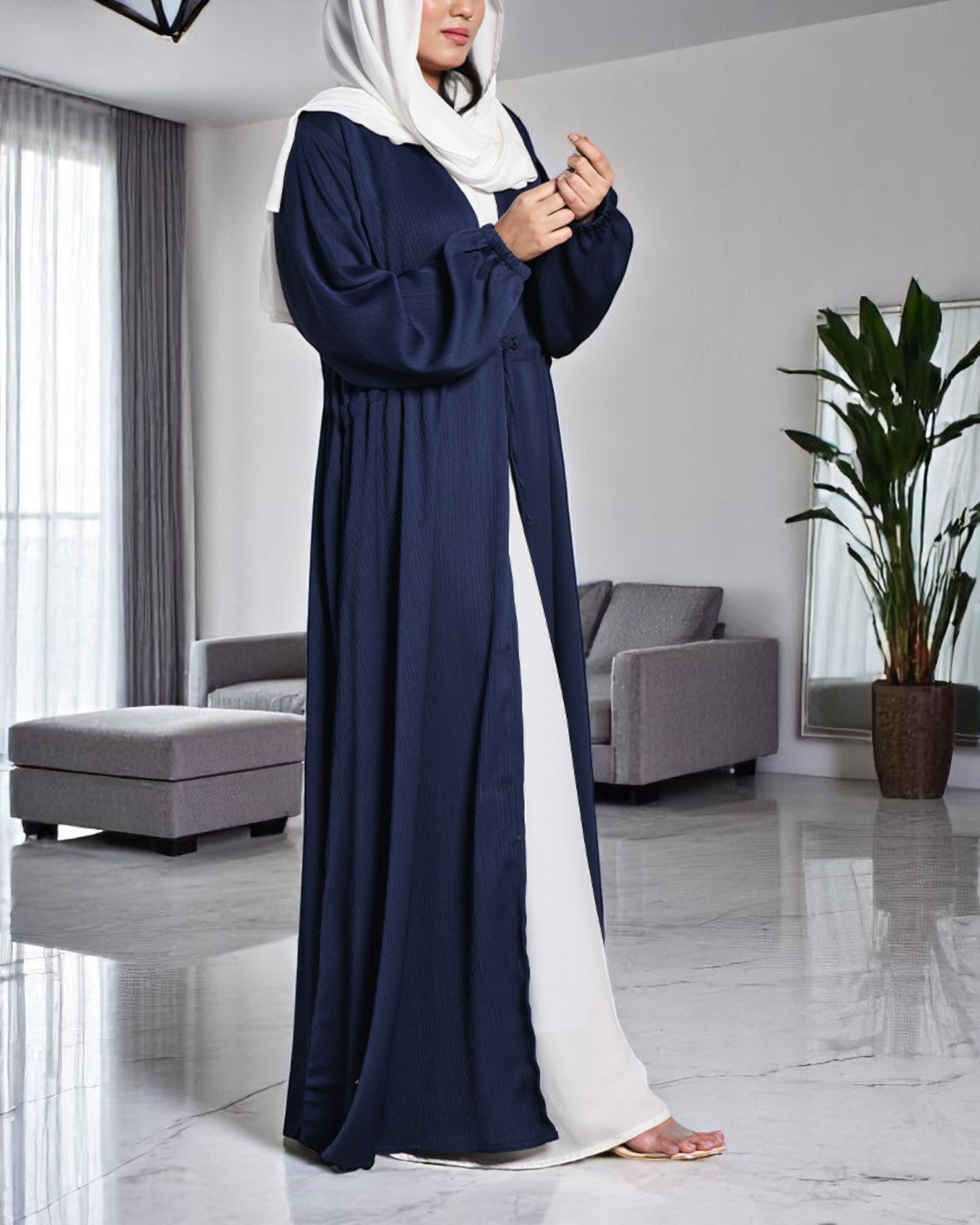 Three Piece Abaya Set with Nida Satin Inner, Adjustable Open Abaya & White Hijab – Elegant Modest Wear