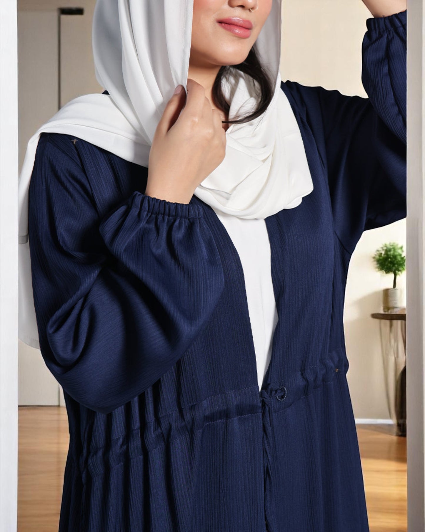 Three Piece Abaya Set with Nida Satin Inner, Adjustable Open Abaya & White Hijab – Elegant Modest Wear
