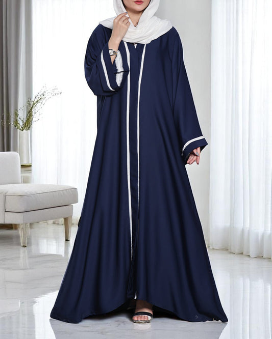 Front Open Abaya in Premium Fabric with Contrast Panels, Pockets, and White Hijab