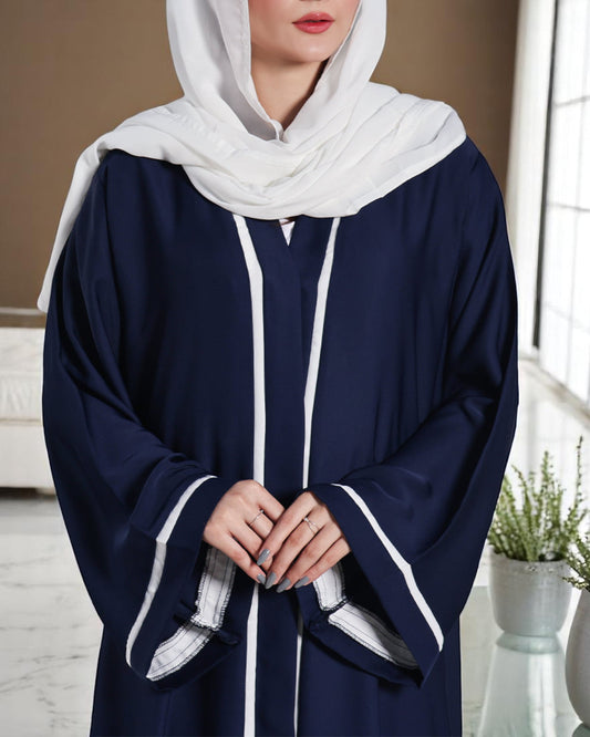 Front Open Abaya in Premium Fabric with Contrast Panels, Pockets, and White Hijab
