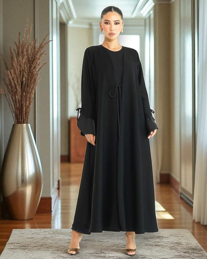 Elegant Flowing Black Abaya Online with Statement Flounce Cuff Sleeves