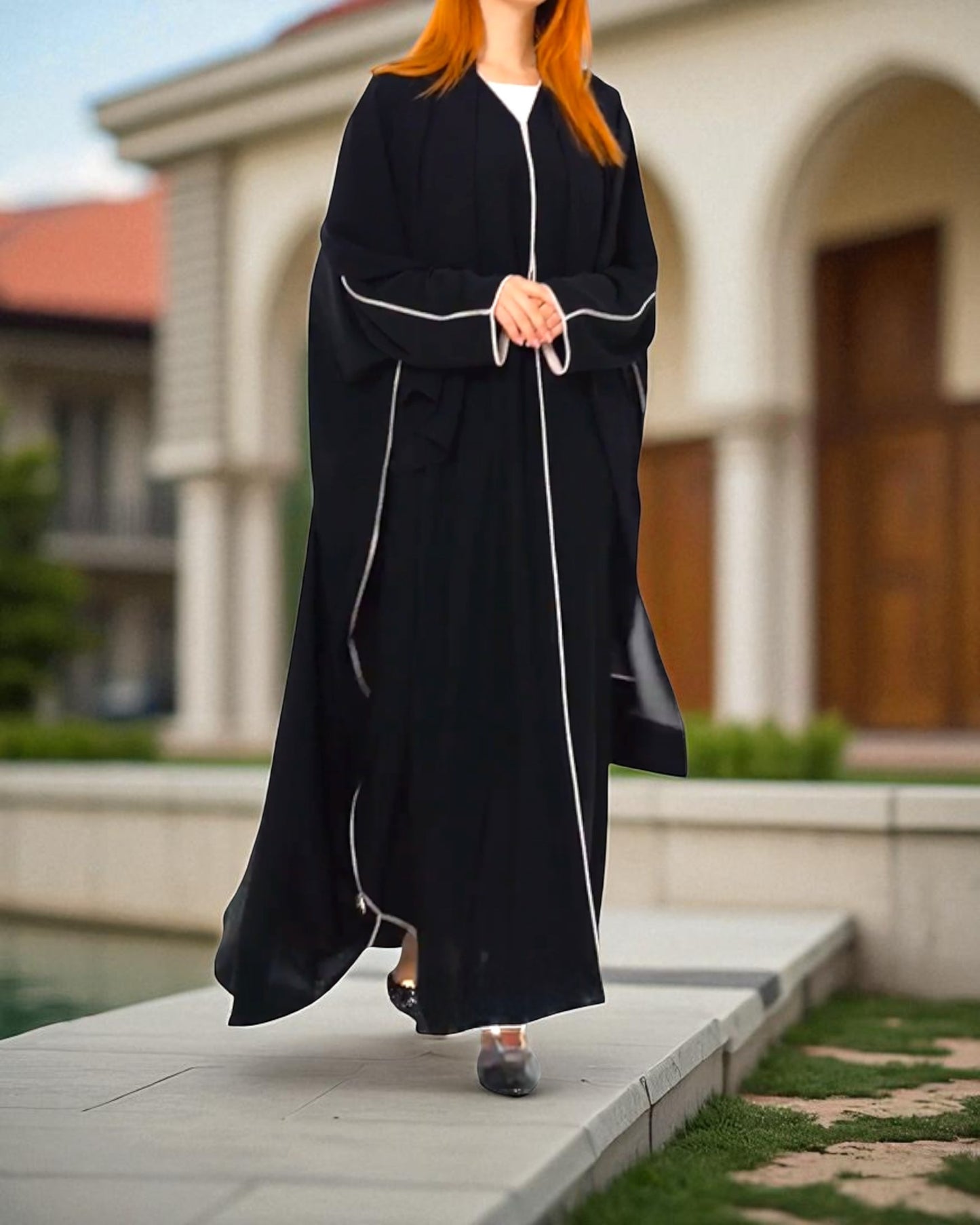 Black Firdaus Front Open Kaftan Abaya with Piping & Hijab Ð Abaya for Women