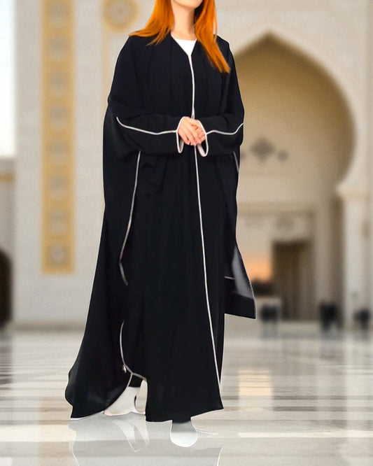 Black Firdaus Front Open Kaftan Abaya with Piping & Hijab Ð Abaya for Women