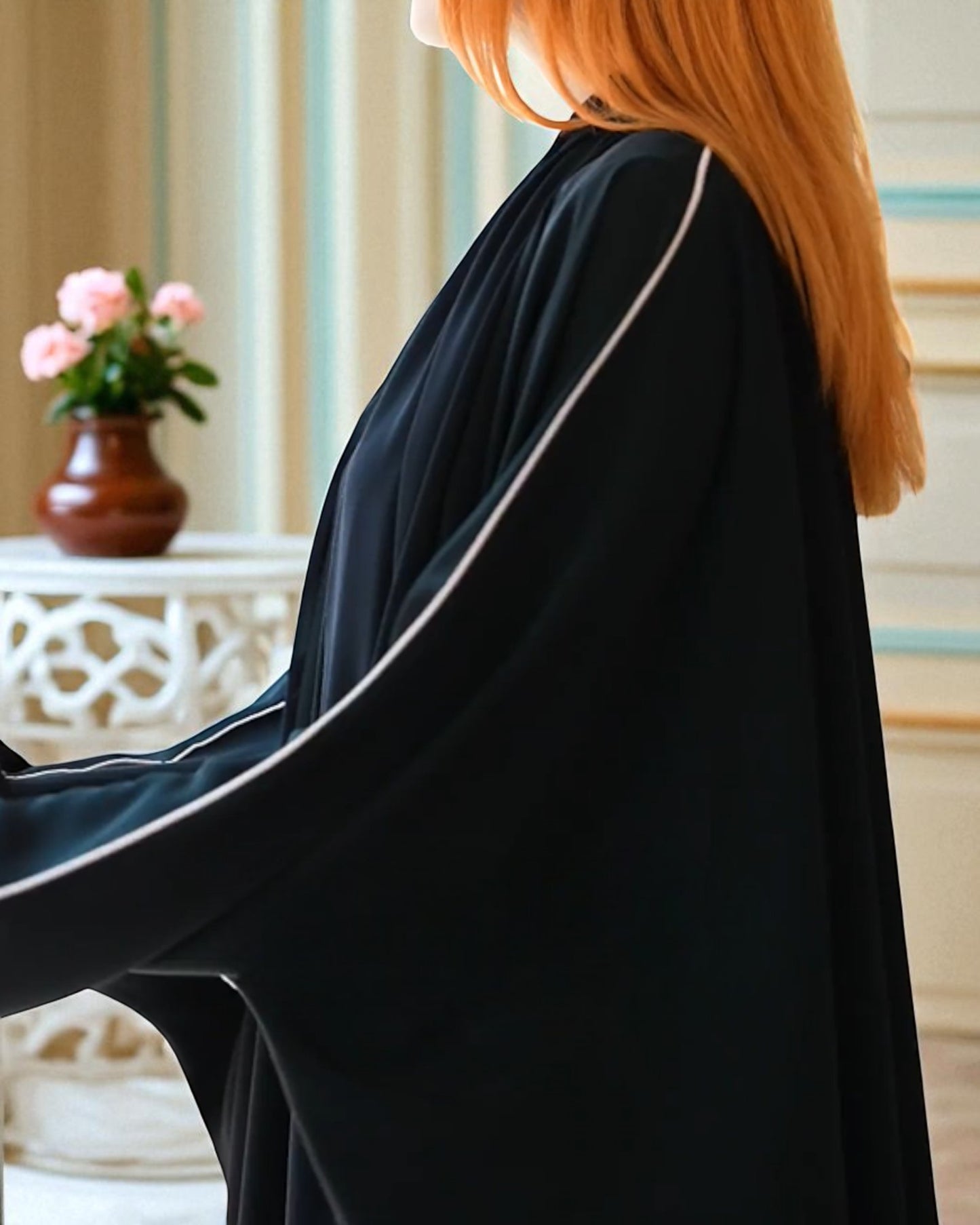 Black Firdaus Front Open Kaftan Abaya with Piping & Hijab Ð Abaya for Women