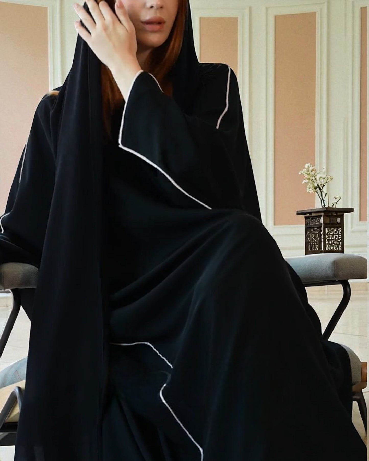 Black Firdaus Front Open Kaftan Abaya with Piping & Hijab Ð Abaya for Women