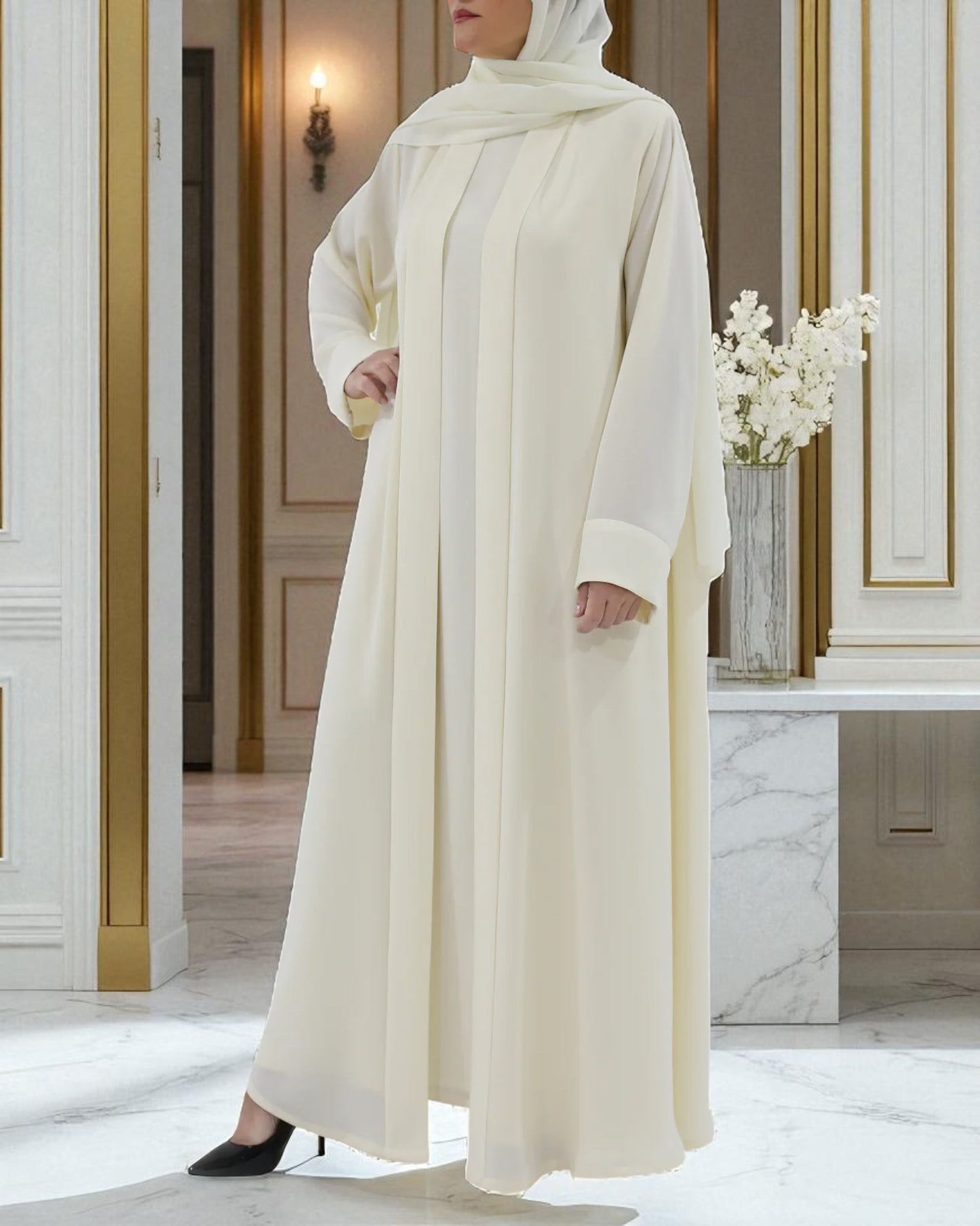 White Firdaus Front Open Abaya with Inner & Hijab | Abaya for Haj