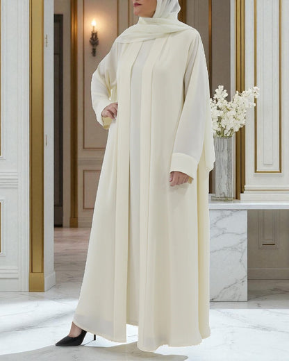 White Firdaus Front Open Abaya with Inner & Hijab | Abaya for Haj