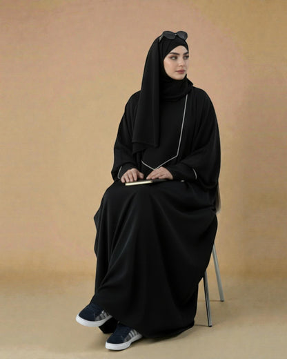 Free Size Kaftan with White Piping, Zipper Opening & Cuffed Sleeves in Premium Fabric, Includes Hijab