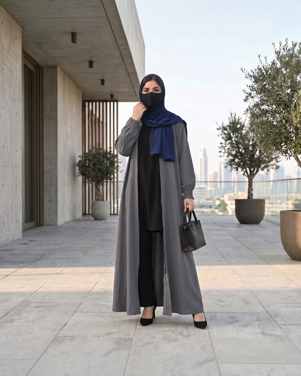Front Open Abaya with Zipper Opening, Umbrella Flare and Matching Belt